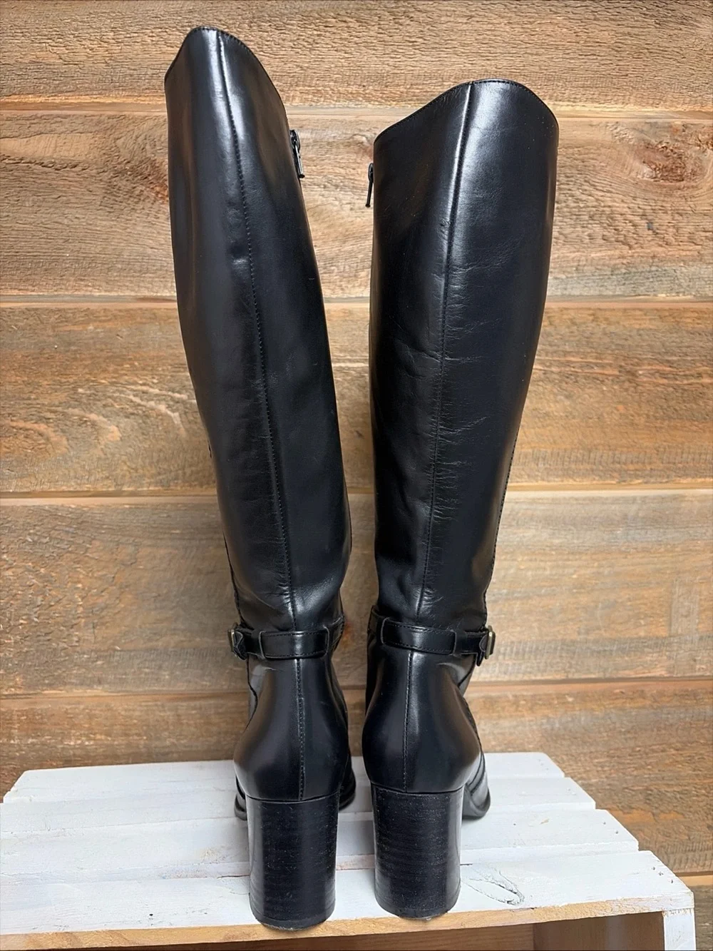 J.Crew Leather Knee High Boots 9 Black Heeled Made Italy Slim Calf Vero Cuoio